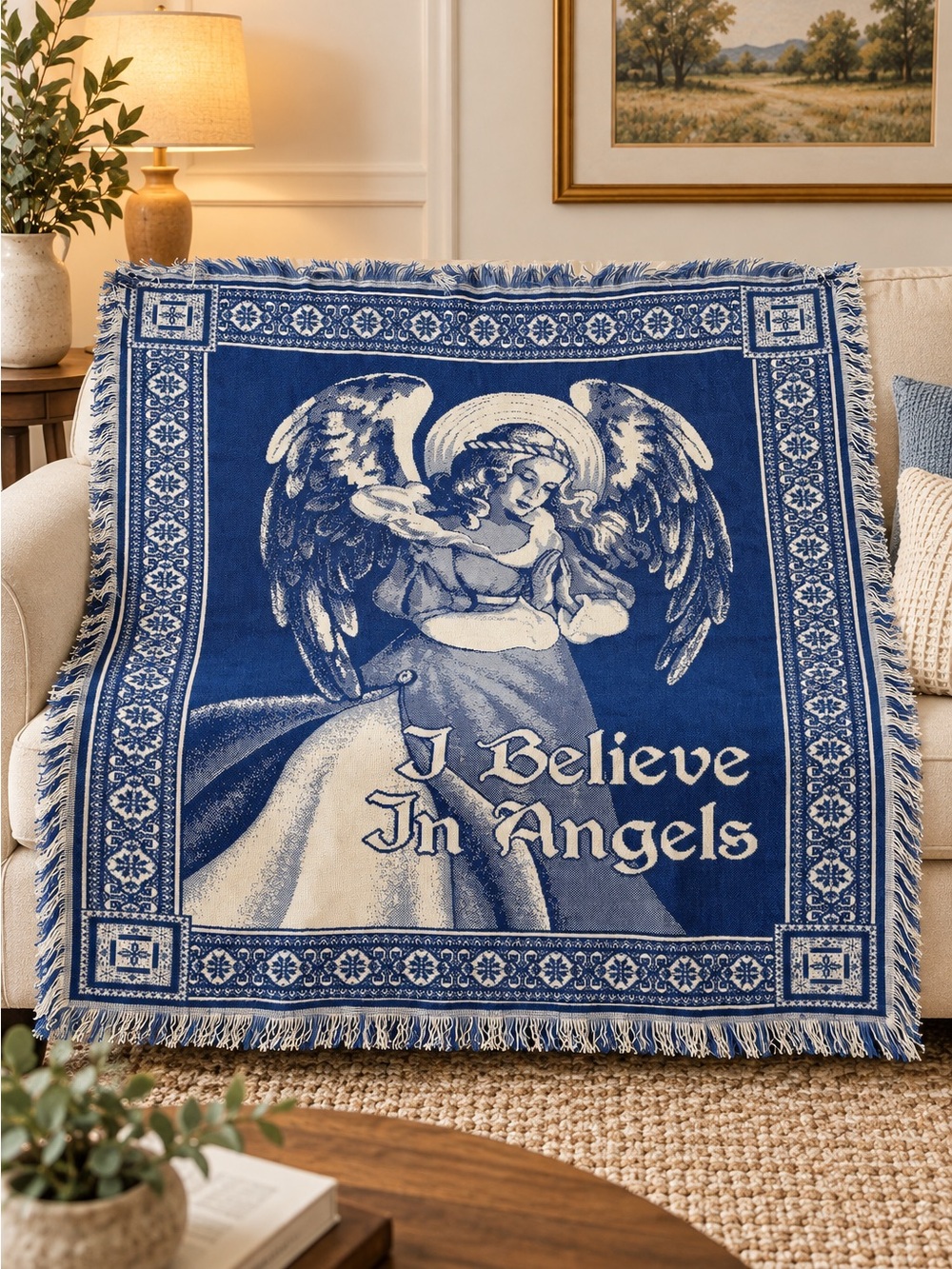 Vintage I Believe in Angels Woven Tapestry Throw Blanket Blue White Fringe 54x47